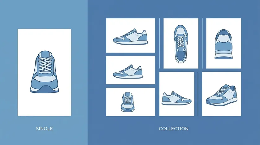 Illustration of single and collection sneaker shots, two core types of ecommerce product photography