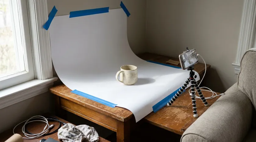 Simple DIY ecommerce product photography setup with a white paper sweep taped to a table, a mug and a phone on a tripod