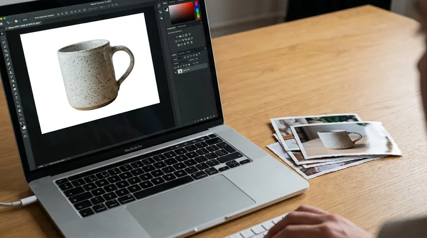 Laptop screen showing a mug on a clean white background during ecommerce product photography editing