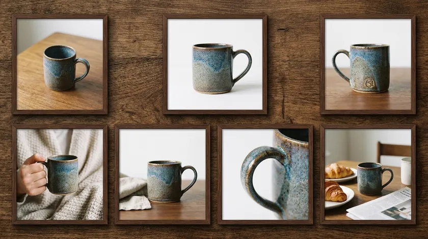 Ecommerce product photography setup with a mug photographed from several angles on a wooden table