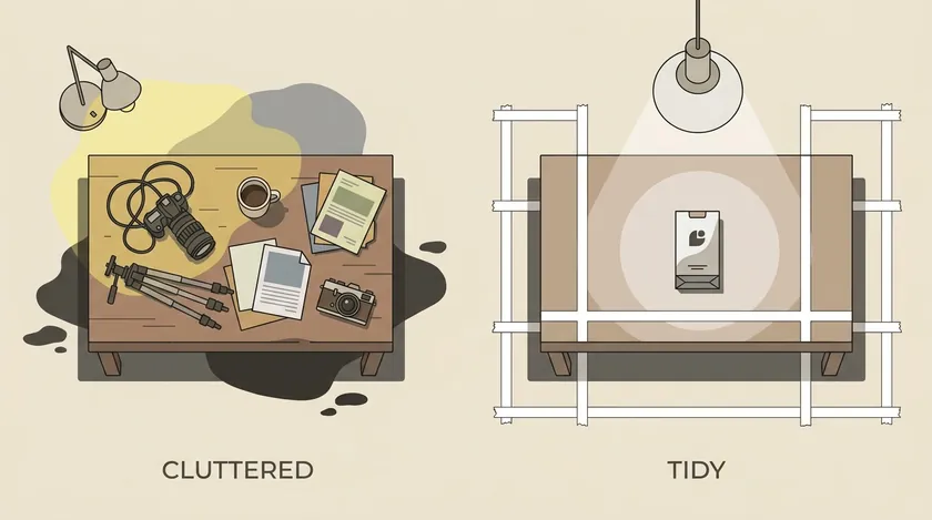 Illustration comparing a cluttered shooting table with a tidy lit setup for ecommerce product photography