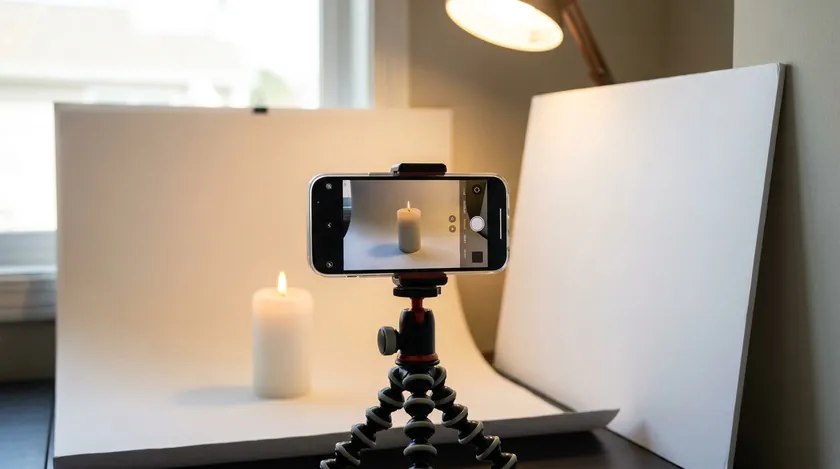 Phone on a tripod photographing a candle against a white backdrop with one lamp and a reflector card