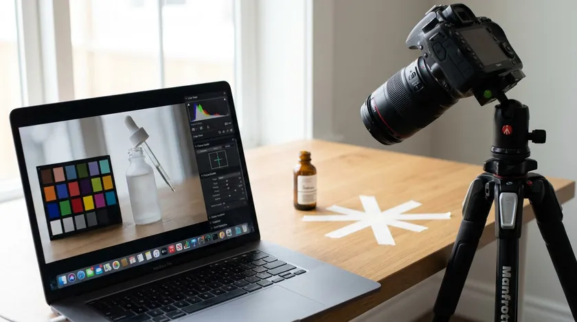 Camera on a tripod with tape marks on the table and a laptop showing a color checker test shot