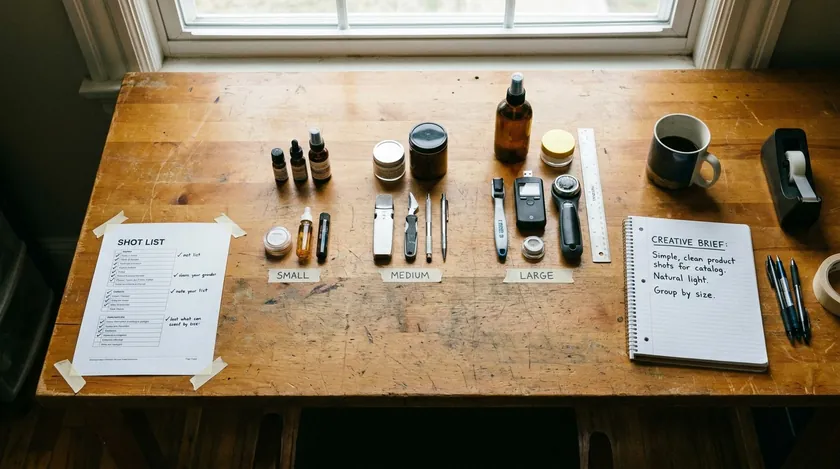 Shot list, labeled small, medium and large products and a creative brief laid out on a table to plan an ecommerce product photography shoot
