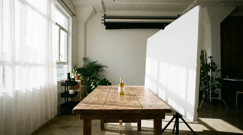 Window light and a large white reflector positioned beside a wooden table for ecommerce product photography