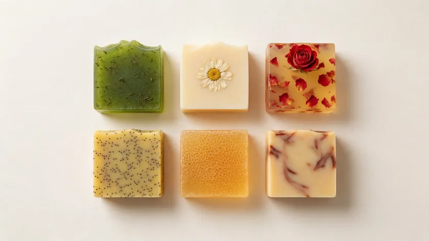 Six handmade soap bars photographed in the same square shape on an off-white background for consistent Etsy listing photos.