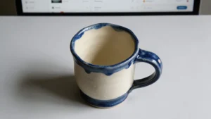 Handmade ceramic mug centered on a plain light-grey surface with empty space around it, an example of a clean Etsy listing photo size and framing.