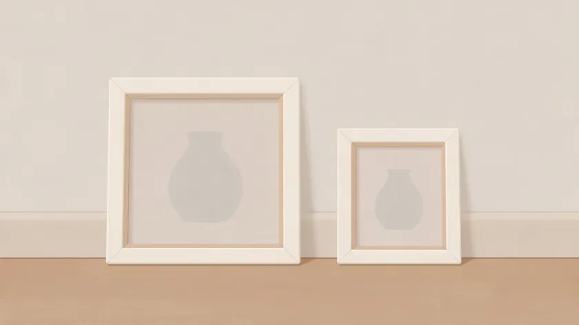 Illustration of a large and a small square picture frame holding the same vase, comparing Etsy listing photo size requirements.