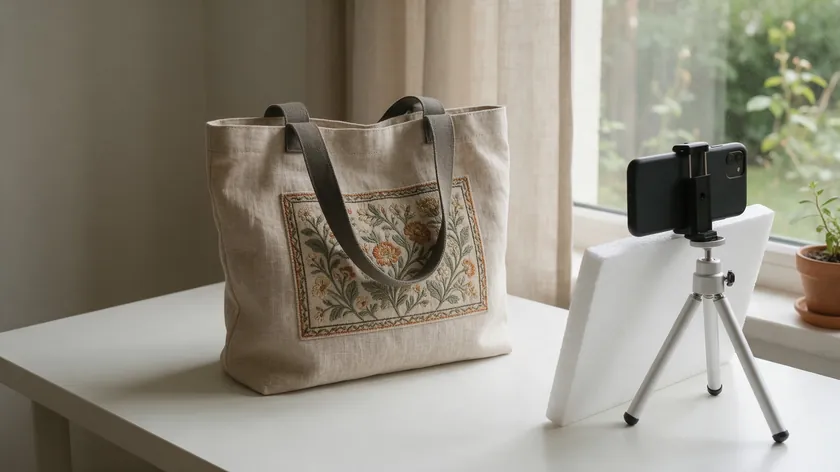 Handmade tote bag on a white table with a phone on a tripod and a foam board reflector, a simple setup for shooting Etsy listing photos.