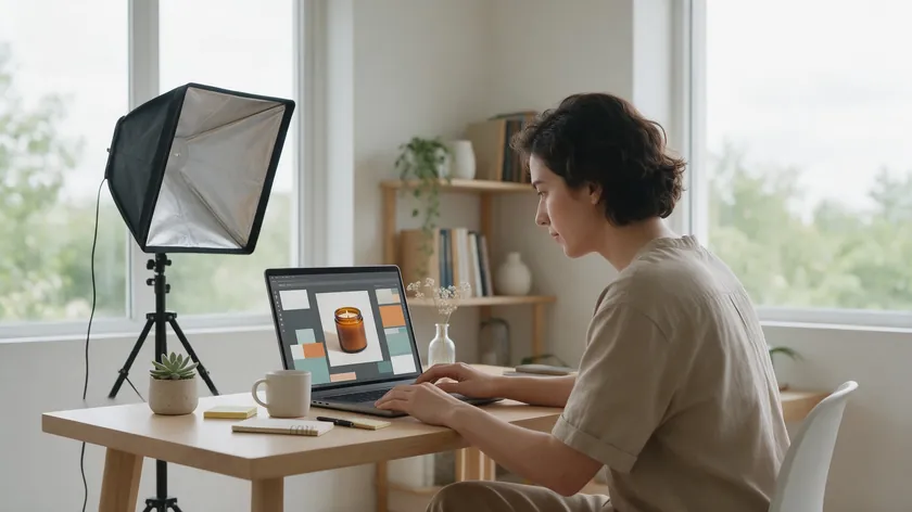 Seller editing a candle product photo on a laptop beside a tripod and softbox while preparing an Etsy listing photo.