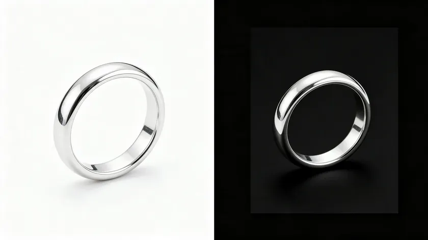 A silver ring cut out on a white background beside the same ring on a black rectangle, showing how a transparent PNG looks as an Etsy listing photo.