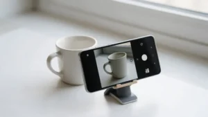 How to take product photos with phone: a smartphone photographing a ceramic mug on a white surface beside a window