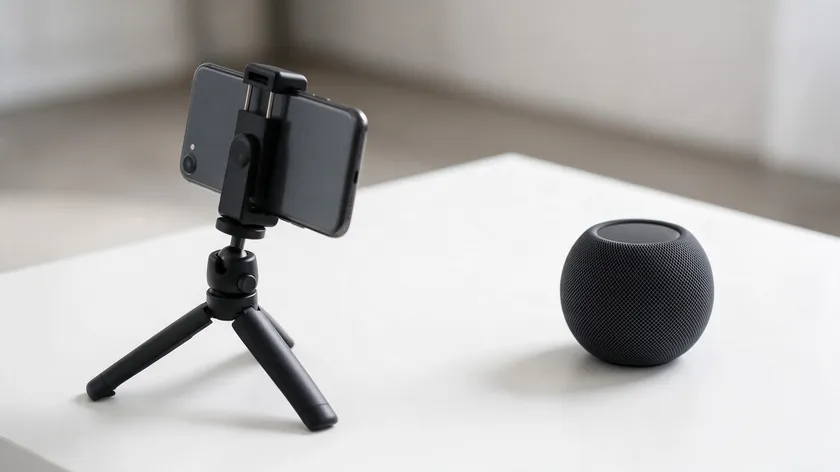 Smartphone on a mini tripod shooting a small speaker, a steady setup for how to take product photos with phone