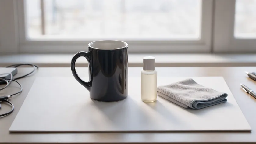 How to take product photos with phone starts with a clean prep area: a mug and skincare bottle on a white card near a window