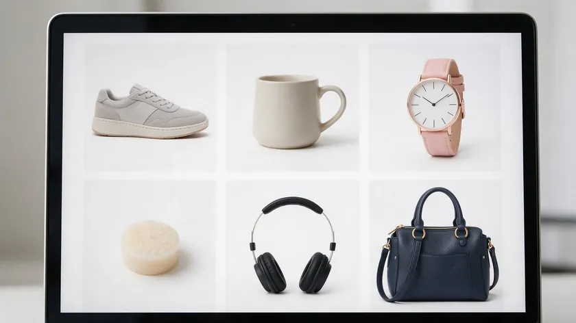 Laptop showing an online store grid of six products on matching white backgrounds, the consistent look that remove background product photography creates.
