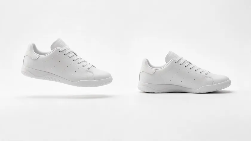 Two white sneakers, one floating with no shadow and one grounded with a soft contact shadow, a common issue in remove background product photography.