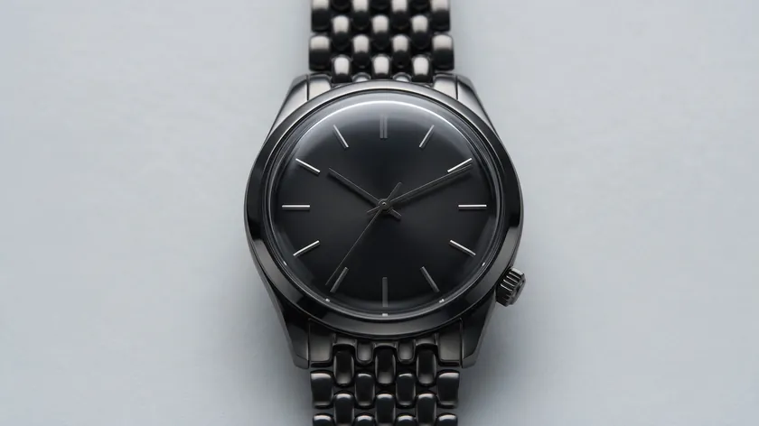 Dark stainless steel watch on a pale gray backdrop in soft light, an easy subject when you remove background product photography.