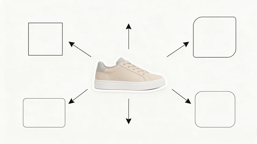Illustration of one sneaker cutout with arrows pointing to four blank frames for store, marketplace, ad, and catalog, showing export choices after remove background product photography.