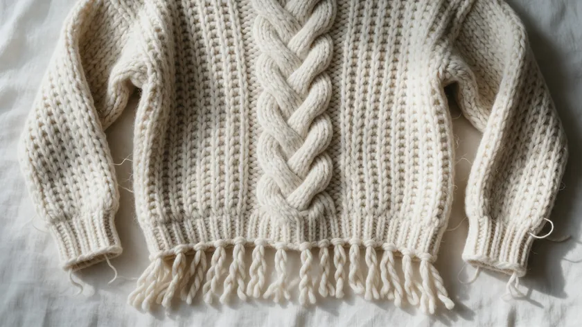 Cream chunky knit sweater with a fringed hem, fine edges to check when you remove background product photography.