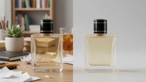 Glass perfume bottle split between a cluttered desk and a clean light-gray backdrop, a before and after example of remove background product photography.
