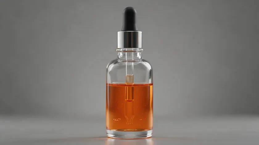 Clear glass dropper bottle with orange liquid on a mid-gray backdrop, a hard subject for remove background product photography because of the see-through rim.