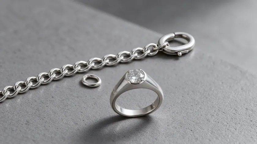 Silver chain necklace and polished ring on a gray surface, fine metal details that matter when you remove background product photography.