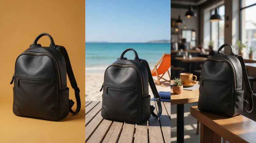 Black leather backpack shown on a mustard color background, a beach scene, and a blurred cafe, after remove background product photography.