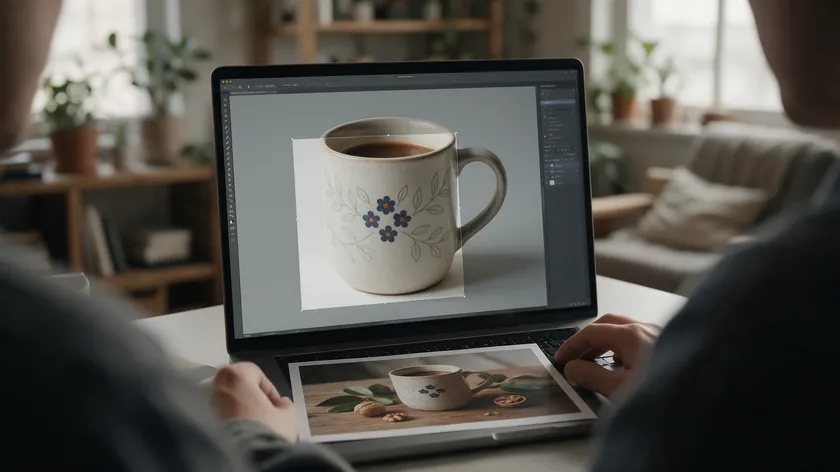Seller zooming into the edge of a ceramic mug cutout on a laptop while reviewing remove background product photography results.