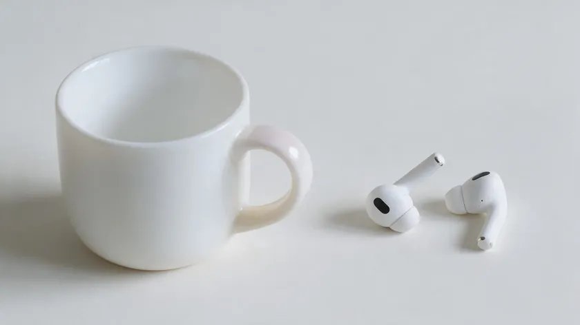 White ceramic mug and white earbuds on a pale backdrop, low-contrast edges that are tricky when you remove background product photography.